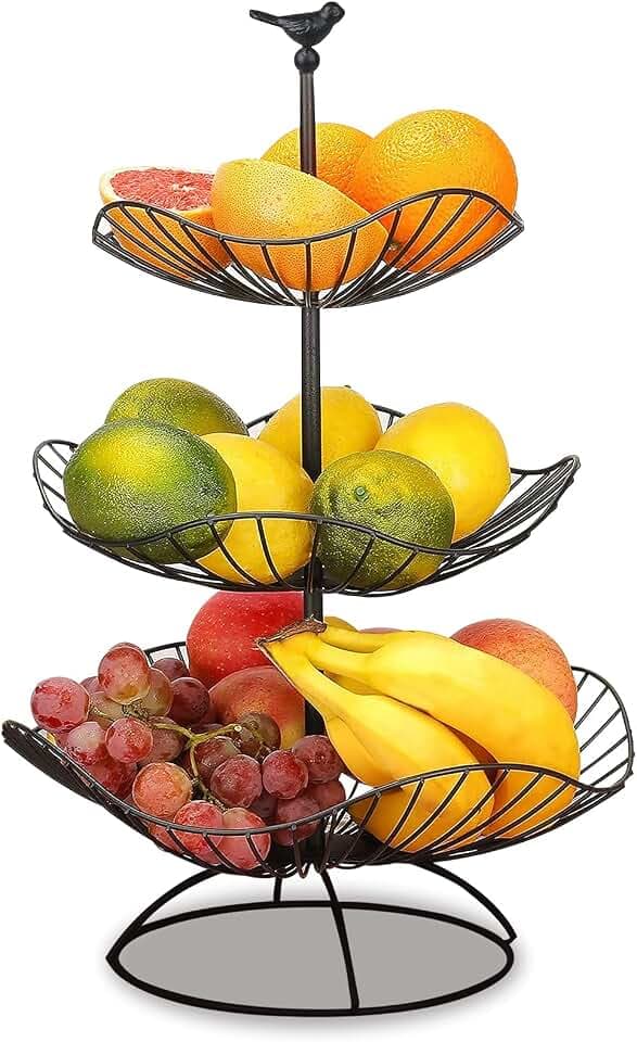 Obst Etagere 3 Stöckig Obstkorb Schwarz Obstschale für Mehr Platz auf der Arbeitsplatte - Hält Obst & Gemüse Frisch - Metall Obstständer mit 3 Aufbewahrungsschalen Größe: 31cm 25cm 20cm