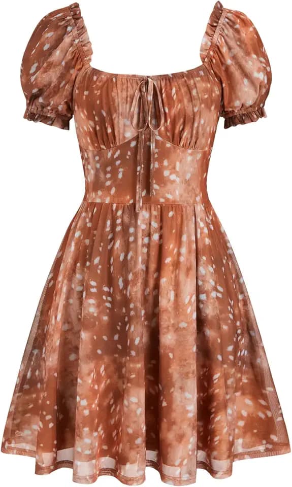 CIDER Women's Square Neck Lightweight Puff Short Sleeve Mini Dress Floral Print Tie Front Ruffle Sundress