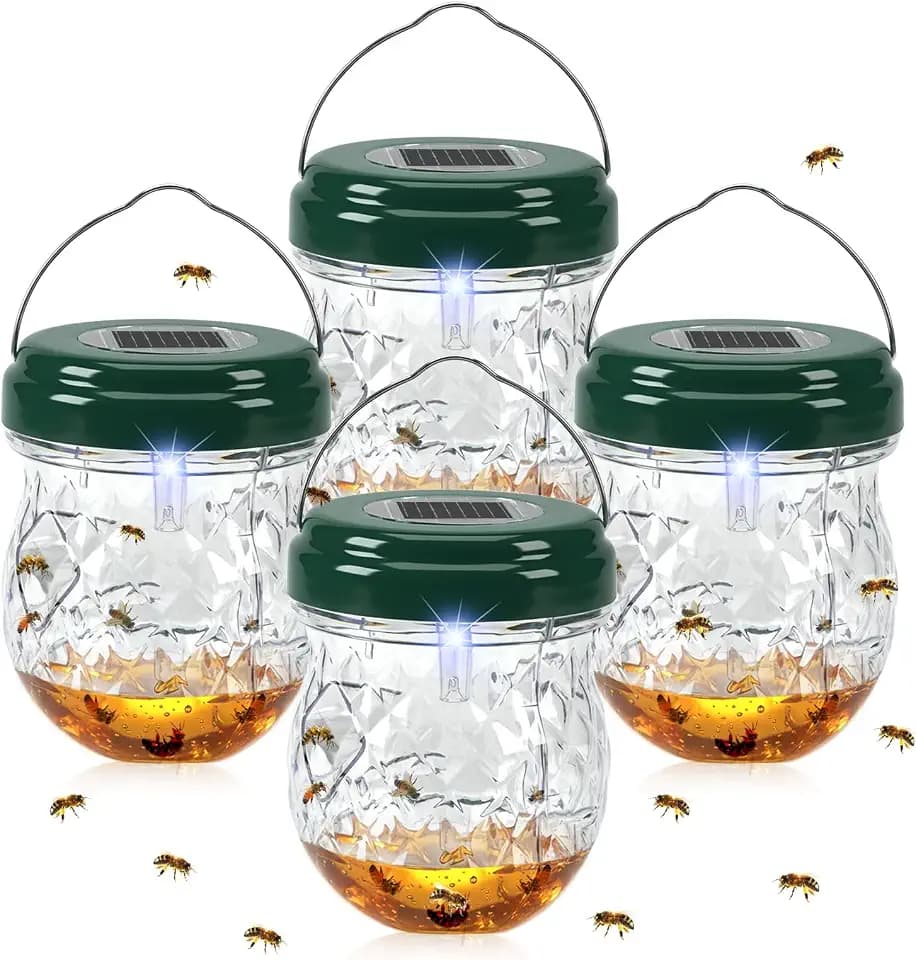 2026 New Wasp Traps Outdoor Hanging with LED Light, 4 Packs Wasp Trap Catcher, Yellow Jacket Traps, Solar Powered Hornet Trap Wasps for Yellow Jackets, Hornets, Waterproof Reusable(Green)