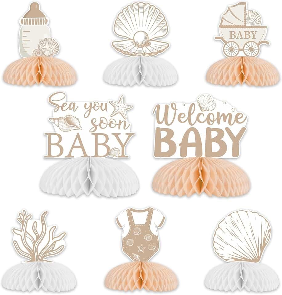 8 Pieces Boho Seashell Baby Shower Honeycomb Centerpieces - Seashell Sea You Soon Table Decorations, Double Sided Ocean Animals Table Toppers for Pregnancy Celebration Newborn Party