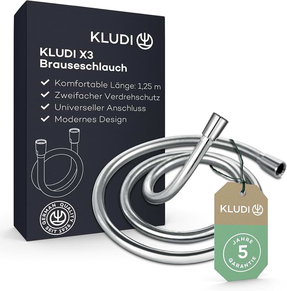 KLUDI-X3 Universal Duschschlauch 1,25 m aus reinigungsfreundlichem Kunststoff, flexibler Brauseschlauch mit doppeltem Verdrehschutz, knickfest, Standard Anschluss, Chrom