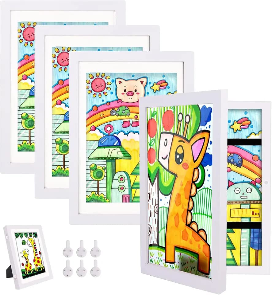 Kinder Bilderrahmen, 4 Stück A4 Befüllba Bilderrahmen für Kinder mit Frontöffnung und Halterung zum Aufhängen oder Aufstellen von Kinderzeichnungen, Kunstprojekten (Weiß)