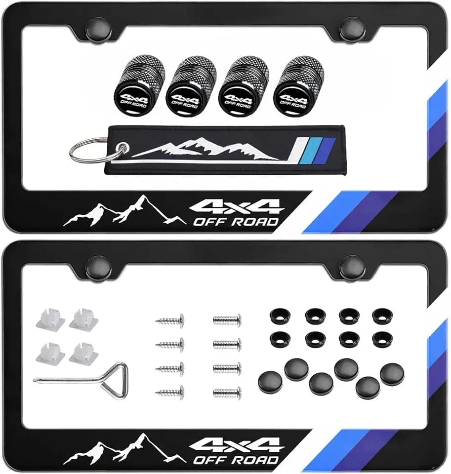 2Pcs 4x4off Road License Plate Frame with Screw Cap Valve Keychain Upgrade Your Car Durable Eye-Catching Design Compatible with Tacoma 4Runner Tundra Accessories (4 Mountain Blue)