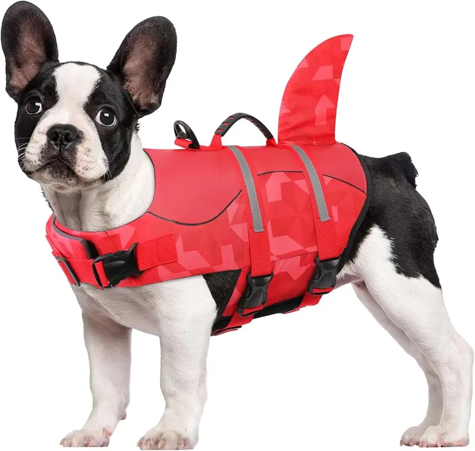 CITÉTOILE Schwimmweste Hund Hai, Hundeschwimmweste mit Griff, Rot, L