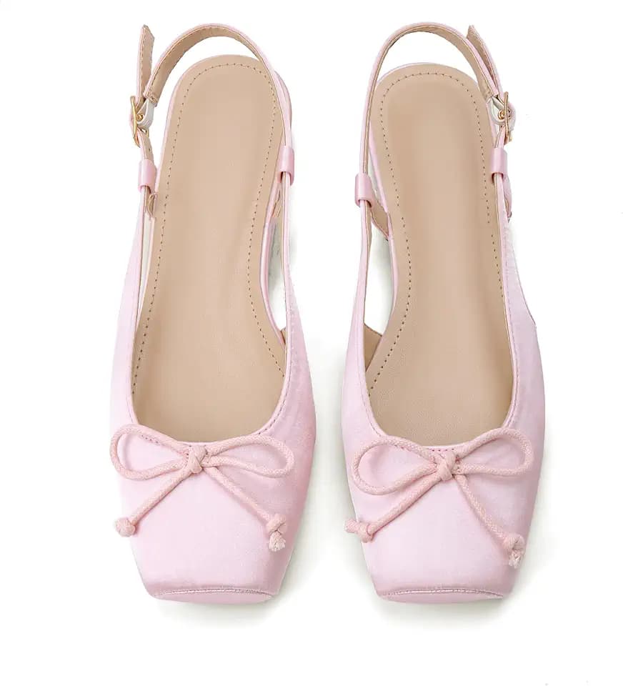 Women's Ballet Flats Slingbacks Square Toe Bow Knit Dressy Flat Shoes with Ankle Buckles Satin