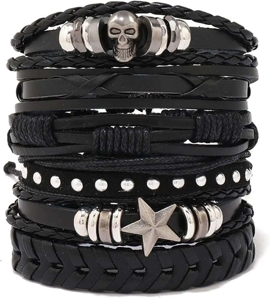 6 Pcs Punk Rock Studded Bracelet Set - Adjustable Leather Cuff Wristbands, Gothic Retro Rivet Spikes Armbands, Costume Accessories for Men Women, Black
