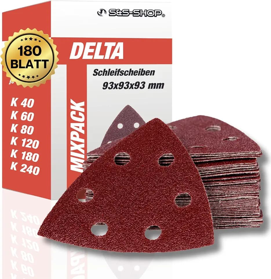 Delta-Schleifdreiecke mit Klett, 180 Blatt, 93 x 93 x 93 mm, 6 Löcher, je 30 x Korn 40-60-80-120-180-240, für Deltaschleifer & Multischleifer, Dreieckschleifer Schleifpapier, Staubabsaugung