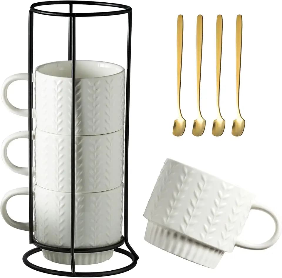 Miamolo Stackable Coffee Mugs Set of 4 with Spoons & Stand