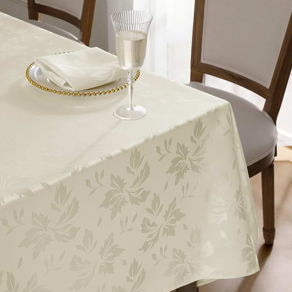 Romanstile abwaschbare Outdoor Tischdecke eckig draußen 140x180 Creme Frühling Blumen Jacquard-Damast Muster wasserabweisend Tischtuch Table Cloth für Geburtstag,Feste,Party,Jahrestag,Restaurant,Oster