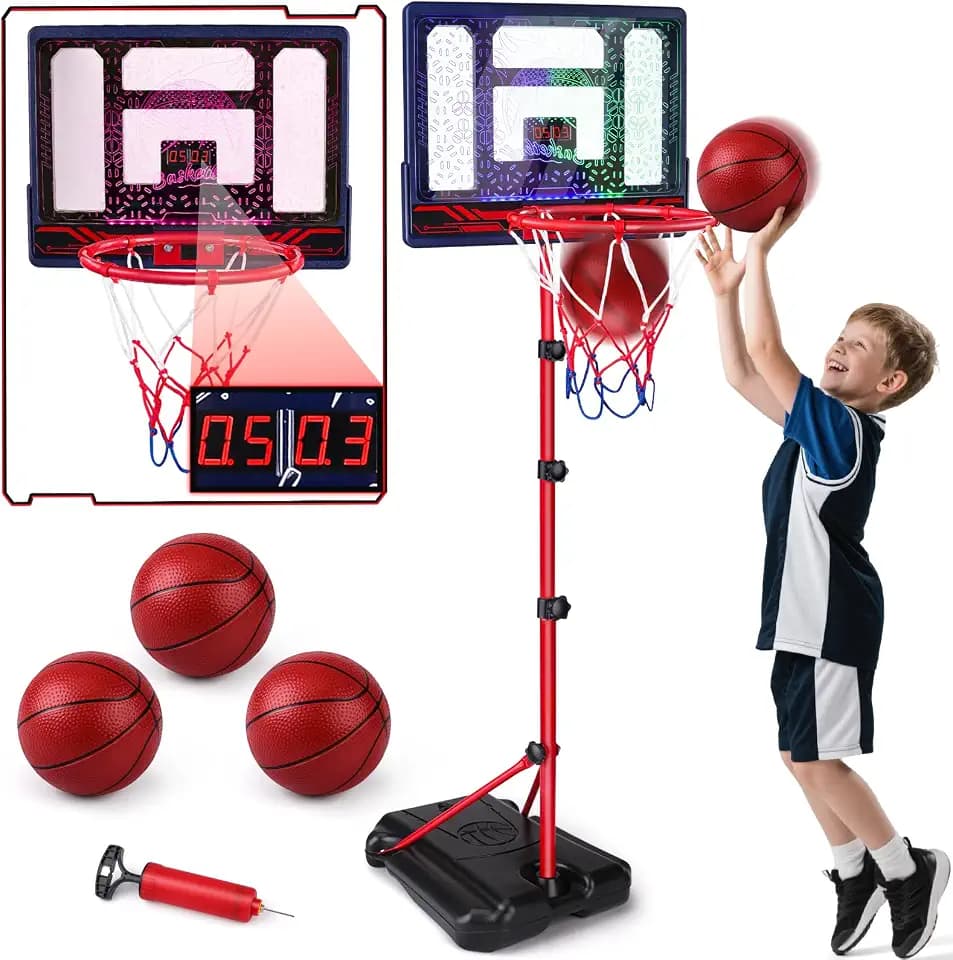 Kids Basketball Hoop with LED Lights, Adjustable Indoor Basketball Toys