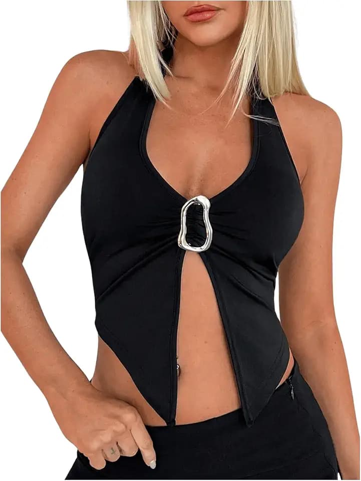 SOLY HUX Women's Halter V Neck Split Hem Backless Y2k Summer Crop Tops