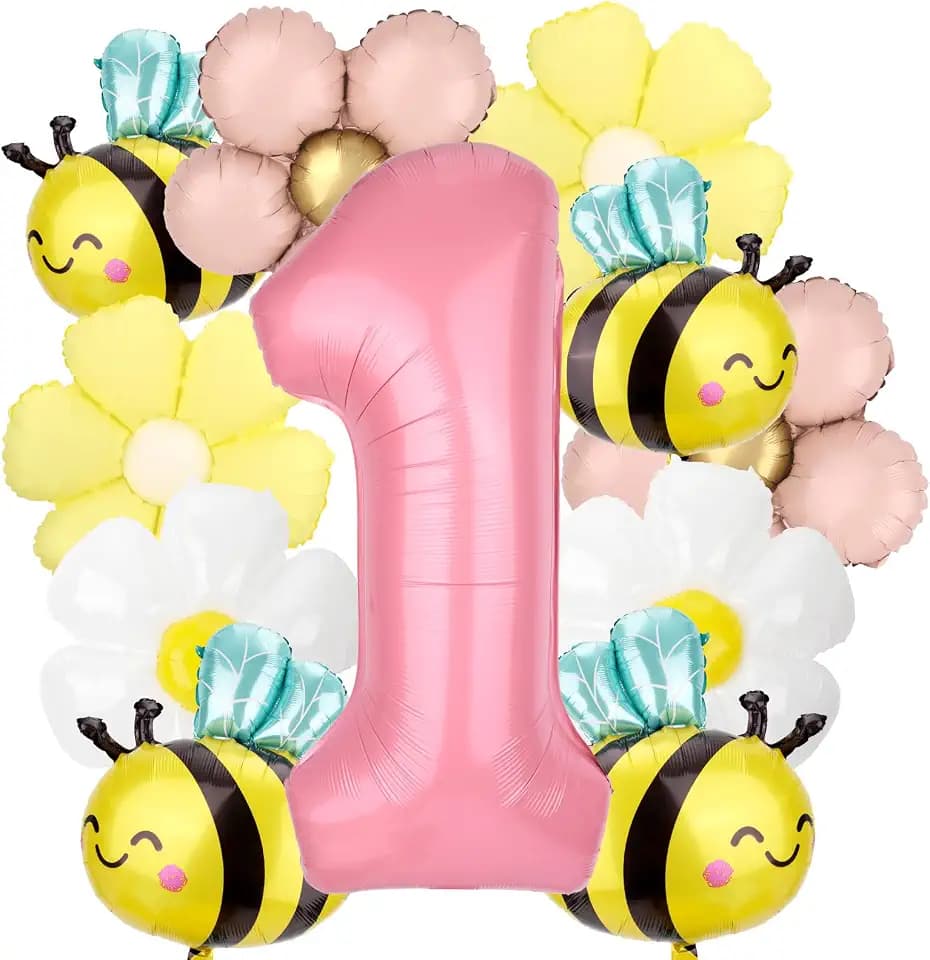 12stk Bienen Ballons Geburtstag 1, Süß Ballon mit der Nummer 1 in Gänseblümchen- und Hummelform für Babyparty Hochzeit Geburtstagsparty-Dekoration