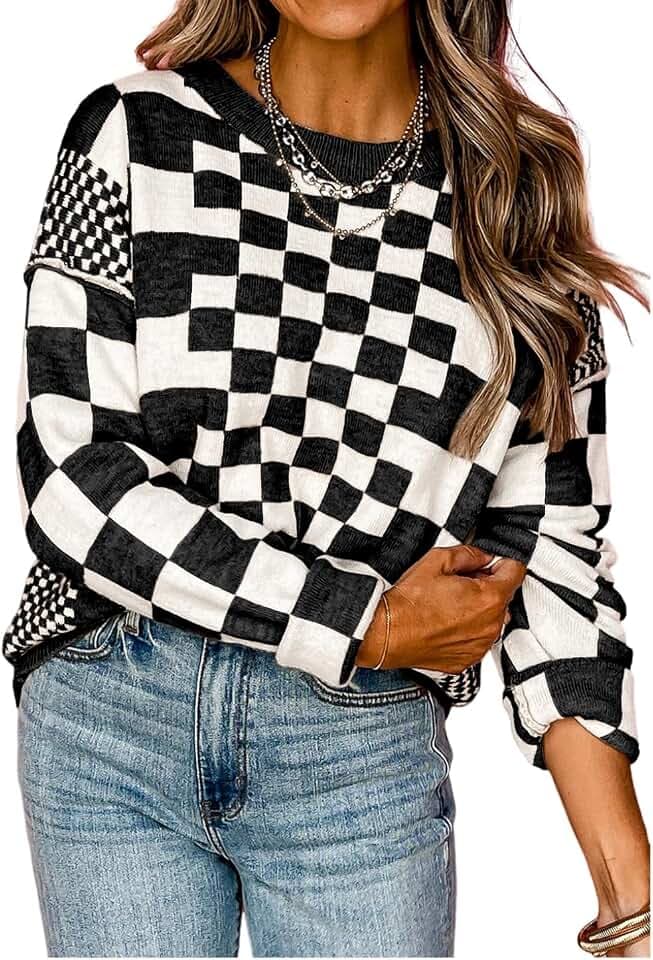 KevaMolly Women Checkered Drop Shoulder Crew Neck Sweater