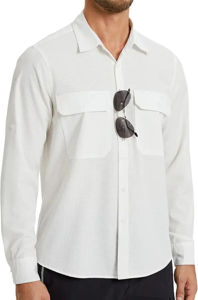 HISDERN 571 Men Long Sleeve Button Down Work Shirts,UPF 50+ UV Protection Sun Shirt Quick Drying Fishing Safari Lightweight