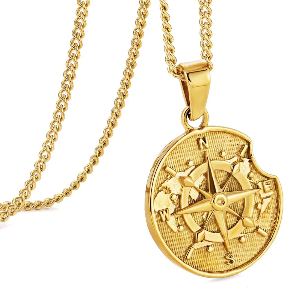 murtoo Kette Herren, Halskette mit Kompass Anhänger für Herren, Silber Gold Münze Plättchen Kette für Damen, Edelstahl Halskette Geschenkidee Damen