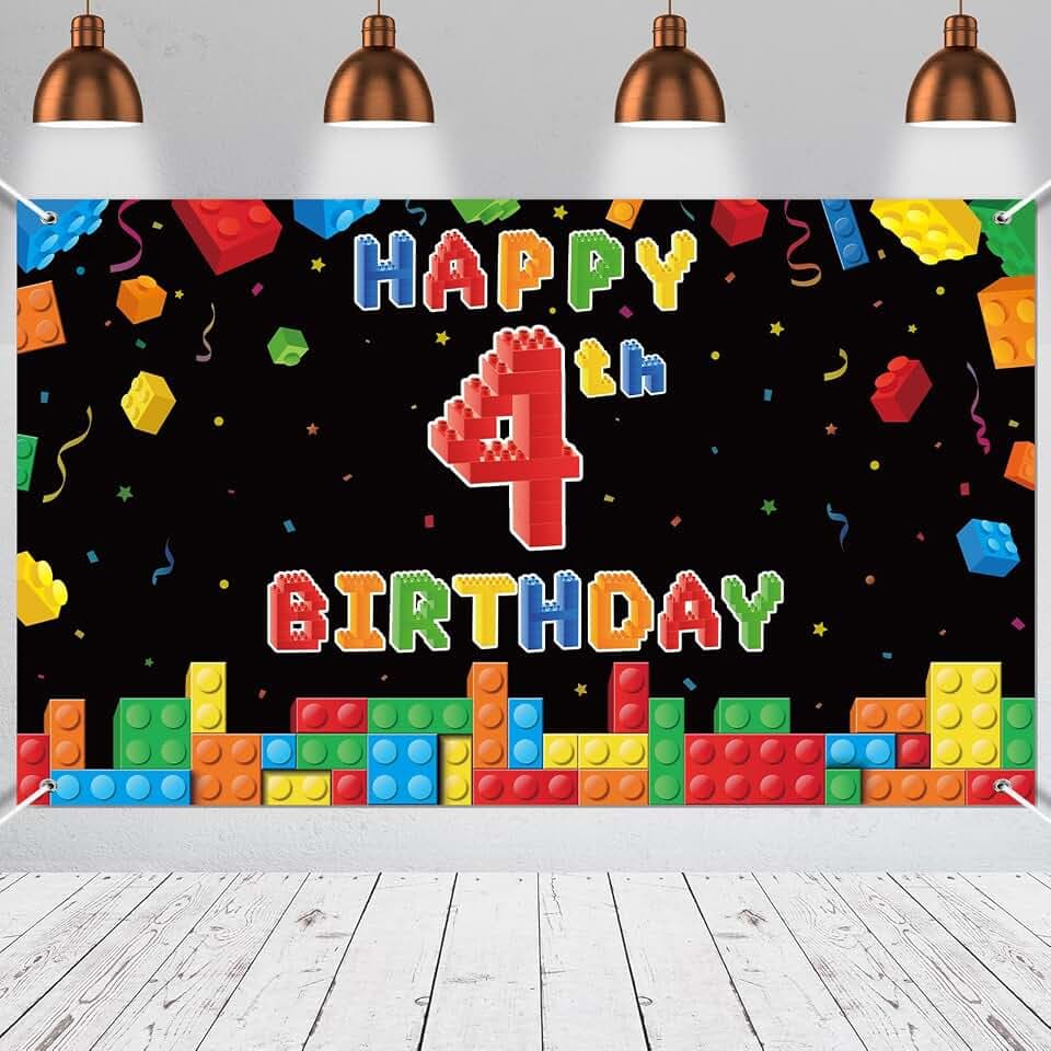 Panelee Building Block Birthday Banner Photo Backdrop, Black, 4th