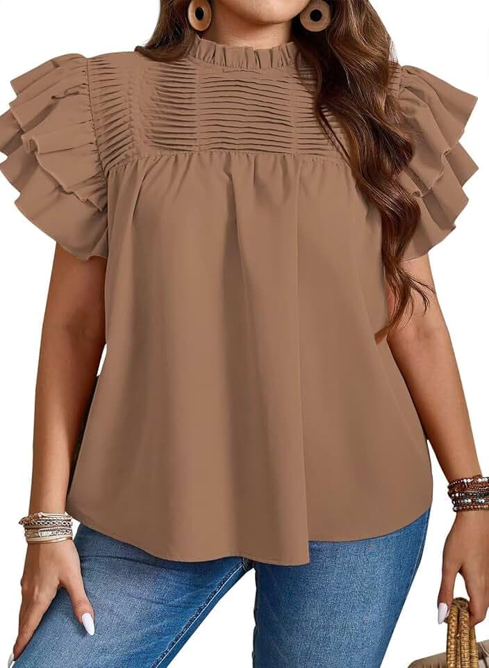 Falechay Womens Summer Tops Plus Size Ruffle Sleeve Pleated Shirts XS-6XL