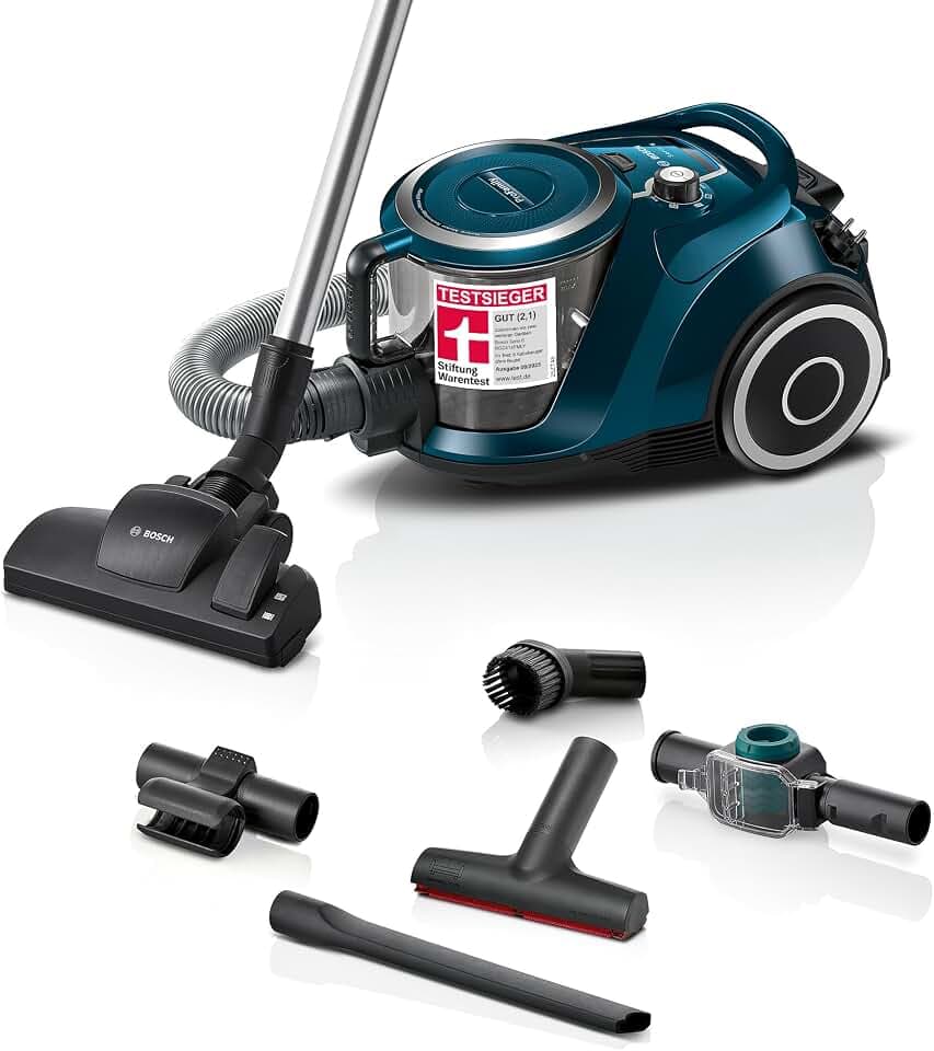 Bosch Staubsauger beutellos Serie 6 ProFamily BGC41XFMLY, ideal für Allergiker, Hygiene-Filter, 10 J. Motorgarantie, Spielzeugfalle, XXL-Polsterdüse, XXL-Fugendüse, hohe Saugkraft, leise, 750 W, blau