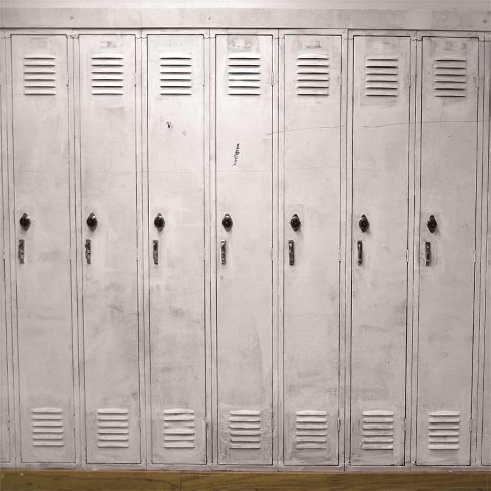 AOFOTO 6x6ft Old School Locker Backdrop White Gym Hall Room Safety Depository Security Storage Cabinet Photography Background Lockable Cells Interior Locked Door Student Portrait Photo Studio Props