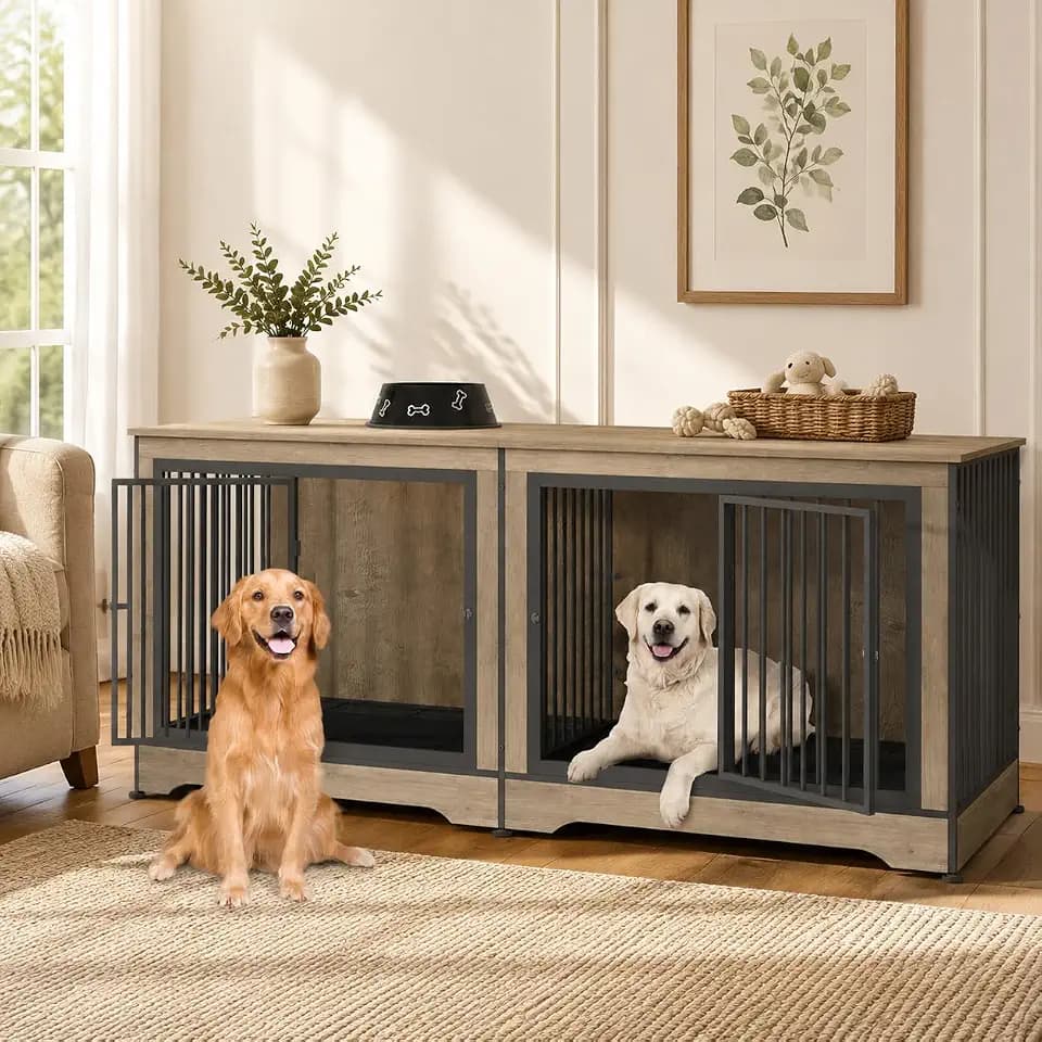 Yafylly 75 Inch Double Dog Crate Furniture for 2 Large Dogs with 2 Trays and Divider, 3-in-1 Grey Large Double Dog Kennel TV Stand with Adjustable Feet