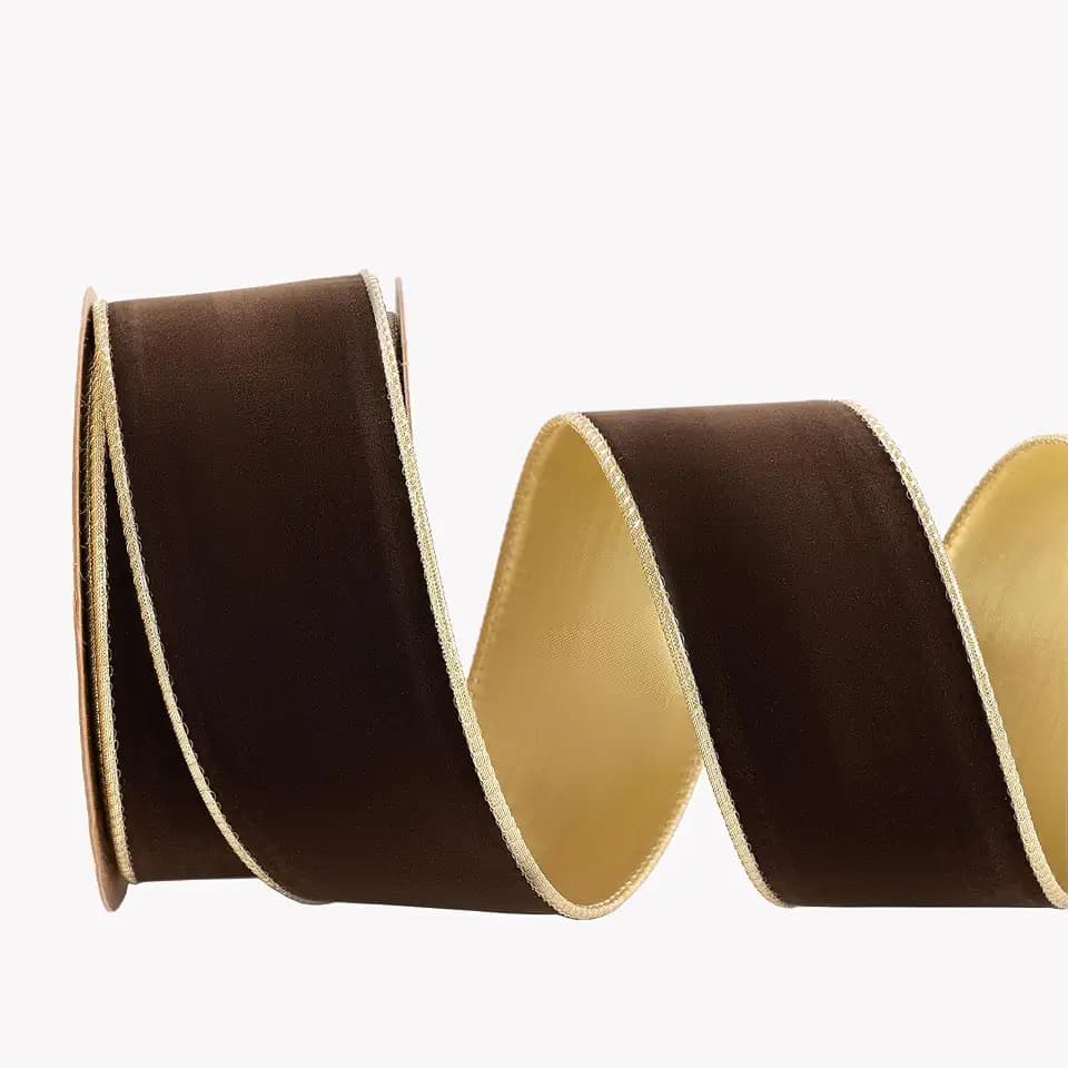 Brown Velvet Christmas Ornaments Wired Ribbon 2.5 inch Wide*10Yards Brown and Gold Double Sided Velvet Ribbon for Tree Wreaths Gift Wrapping Bows Gralands Home Decor Crafts (brw2.5)