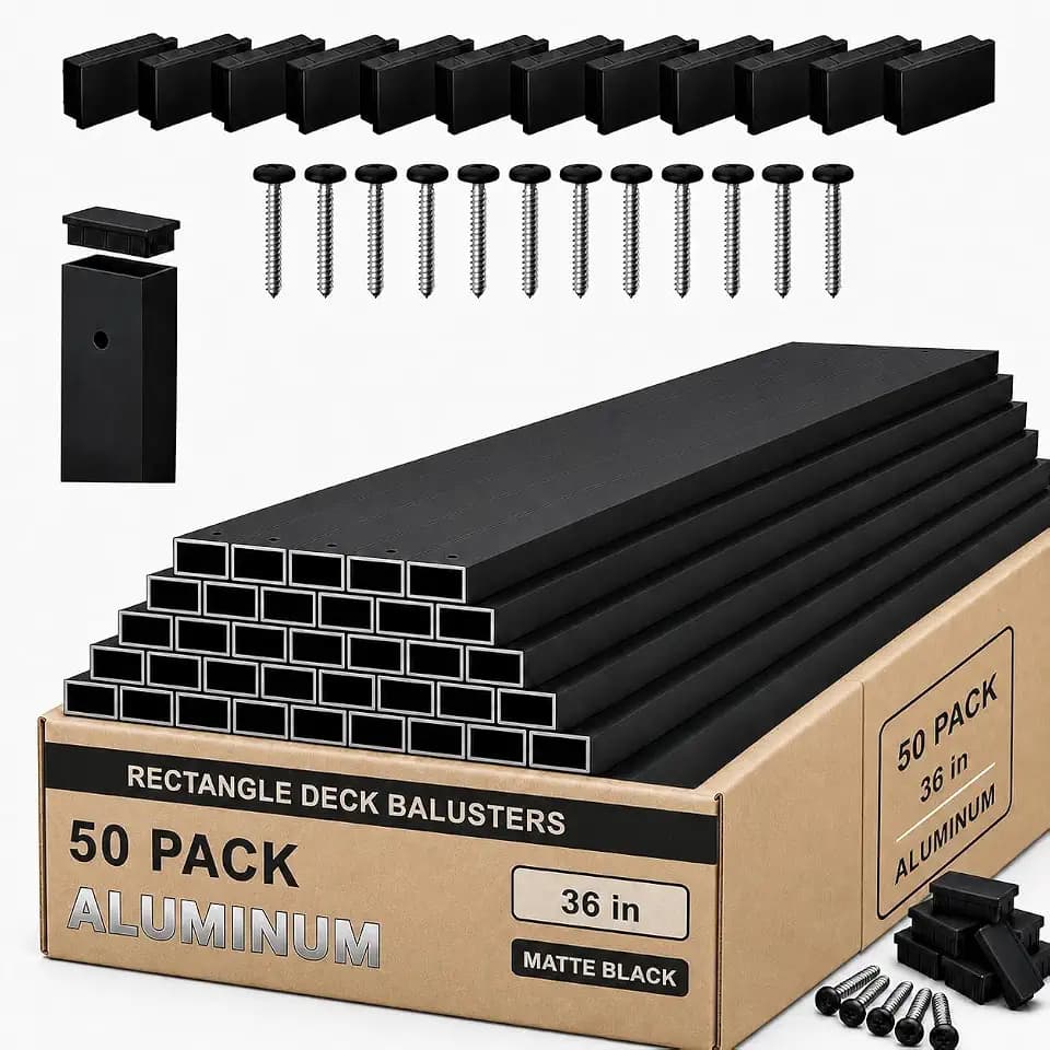 ZONEGRACE 50 Pack 36 Inch Aluminum Rectangular Deck Balusters Black Powder Coated with End Caps & Stainless Screws, Metal Railing Spindles for Deck Porch Stair