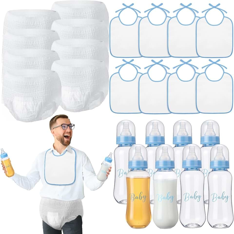 8 Sets Bottle Chug Baby Shower Games Juegos Para Plastic Baby Bottles Bibs Disposable Diapers Gender Reveal Games Baby Changing Diaper Race Game Decoration (Blue)