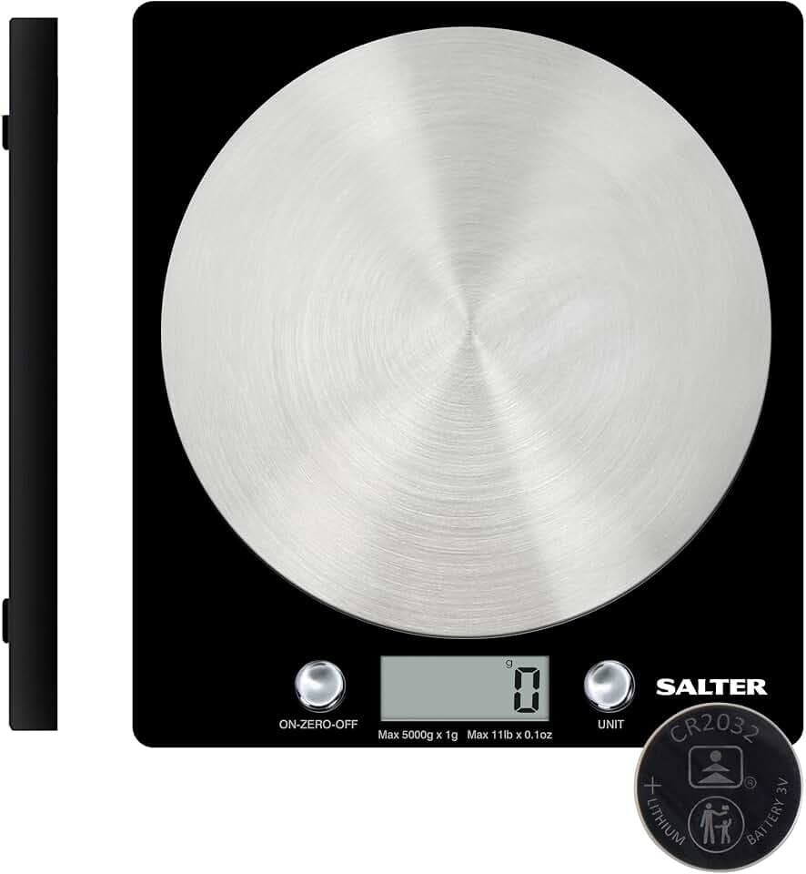 Salter Elektronische Digitale Küchenwaage, 5kg, Null-/Tara-Funktion mit hochpräzisen Sensor, Einfache zu Reinigung runde Edelstahlplattform, misst Flüssigkeiten in ml/fl. OZ, LCD-Anzeigev