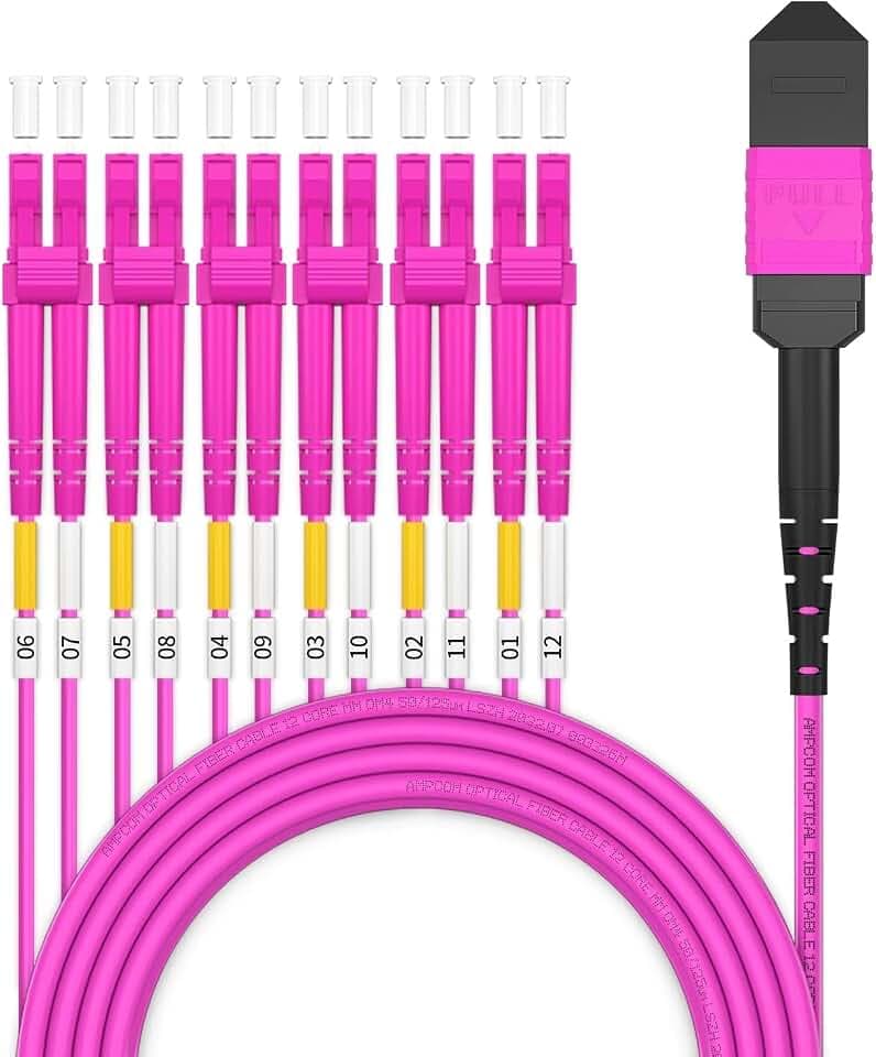 AMPCOM MPO to LC Breakout Cable 50/125μm Multimode OM4(12 Fiber, MPO to LC, Type B, LSZH/Riser, UPC, Magenta) 5m (16ft)