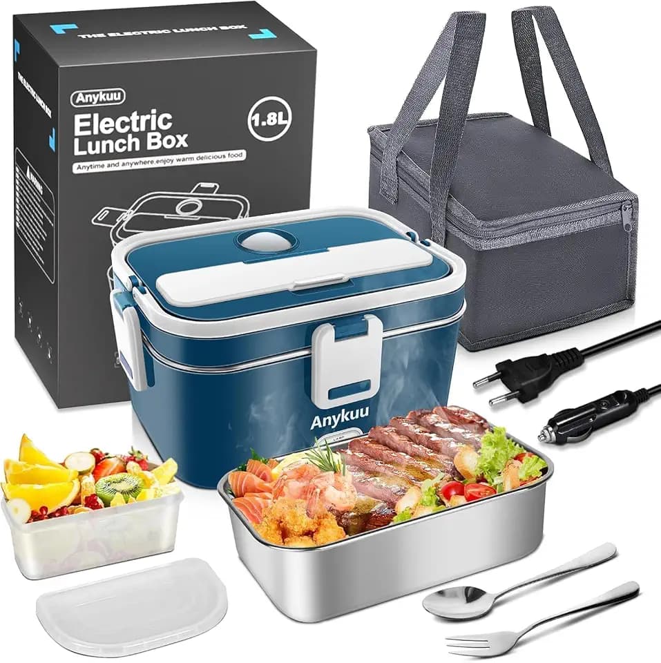 100W Elektrische Lunchbox 1,8L 3-in-1 für Auto/LKW/Büro/Haus, Gabel+Löffel | 12V/24V/220V Anschluss, herausnehmbarer Edelstahleinsatz, einfache Reinigung, für Auto LKW Büro und Zuhause