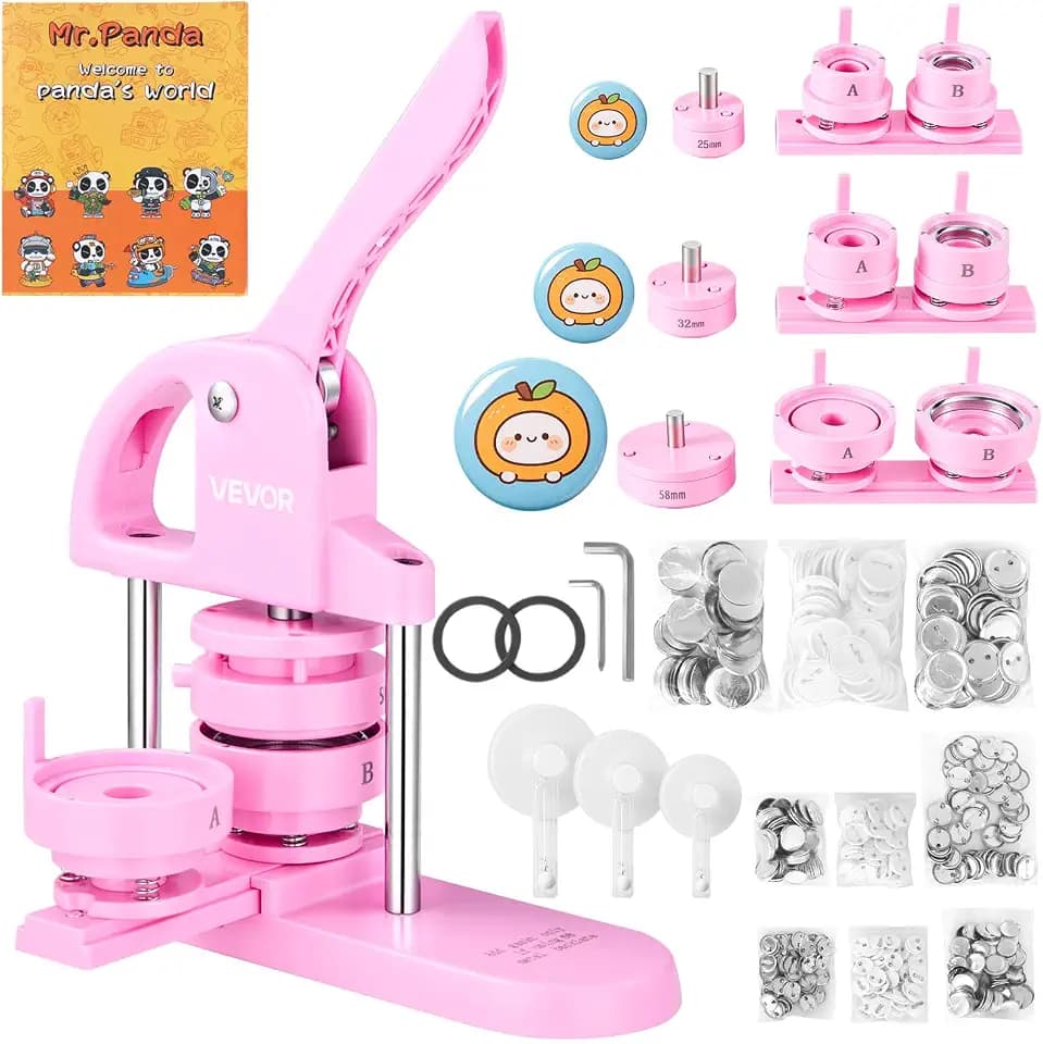 VEVOR Buttonmaker 25/32 / 58 mm 3-in-1-Pinmaker, 300-teilige Buttonteile, Buttonmaker-Maschine mit Panda-Zauberbuch, ergonomisches Stanzset mit Bogengriff, für DIY-Geschenke für Kind