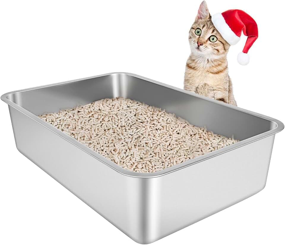 katzenklo Edelstahl(50×35×15cm), katzentoilette Edelstahl,Katzen Metall klo | Niemals Gerüche, Fleckfrei, Rostfrei, Antihaft Glatte Oberfläche, Anti-Rutsch Gummiboden