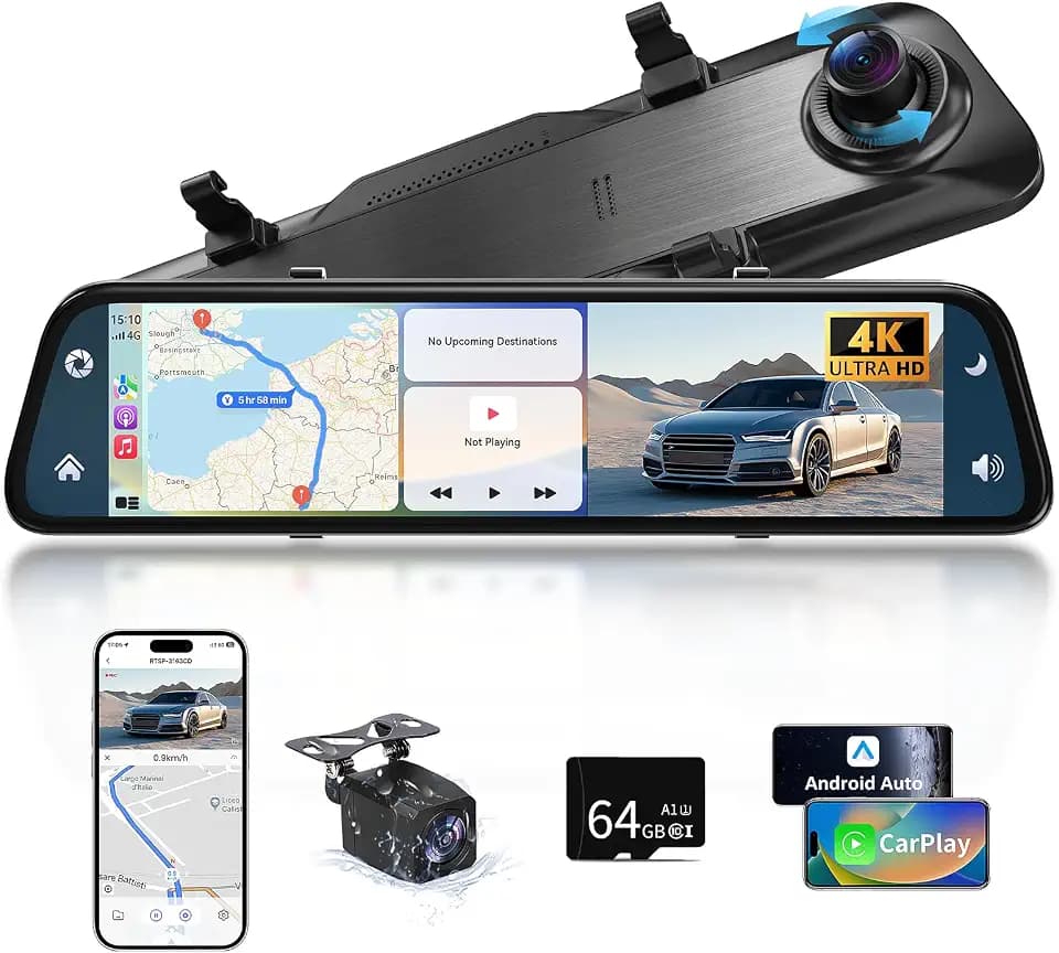 2026 Neuestes 12,5 Zoll 4K Rückfahrkamera Spiegel mit Wireless CarPlay Android Auto, Dashcam Auto Spiegel mit Einparkhilfe Navigation Loop-Aufnahme Bluetooth Mirror Link WDR AUX 64G SD-Karte