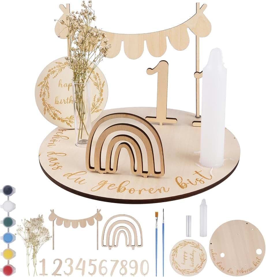 TOATELU 1 Satz Geburtstagsteller aus Holz, Personalisierter Geburtstagskranz, mit Zahlen 0-9, Kerzenhalter, Regenbögen, Getrocknete Blumen, Geburtstagsdeko für Kinder Geschenk(Deutsch)