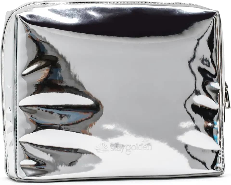 Stay Golden Insulated Makeup Bag – Heat-Resistant, Waterproof Travel Cosmetic & Toiletry Organizer for Women | Metallic Silver Vegan Leather Weekender, Medium (9 x 7 x 3 in)