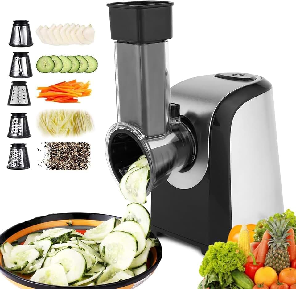 Profi Gemüsehobel Elektrisch 150W, 5-in-1 Edelstahl Gemüseschneider Küchenreibe mit 5 Schneidetrommeln für Obst, Gemüse, Käse und täglichen Gebrauch