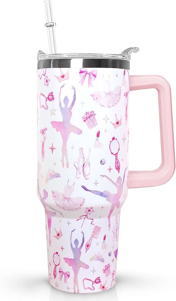 Ceovfoi 40oz Tumbler with Handle,Lid & Straw Vacuum Insulated Travel Coffee Mug, Ballet Gifts for Girls Women, Ballerina Dance Lover Appreciation Gift