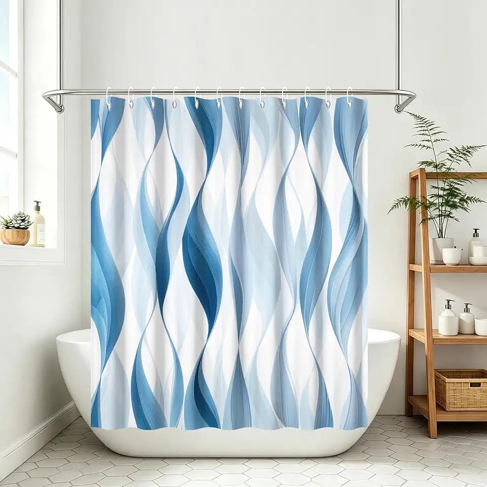 Yeele Light Blue Flowing Wave Modern Watercolor Shower Curtain 60x72 Inch