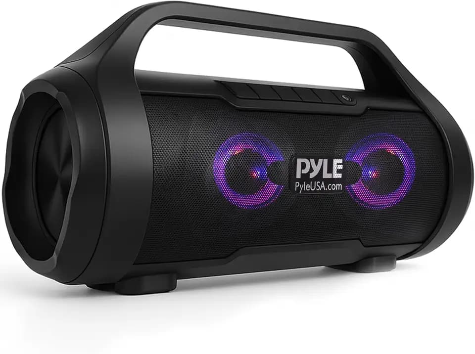 Pyle Portable Bluetooth Boombox Speaker - 40W Max Power, 2.0 Channel Rechargeable Barrel Style Speaker with TWS, LED Lights - AUX In, USB-C, MicroSD Card and FM Radio, Voice Control - PBMWP185