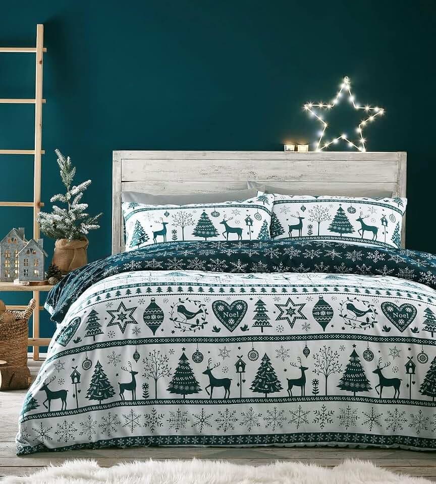 HOMEMAKER BEDDING Weihnachts-Bettwäsche-Set, Hirsch- und Herz-Design mit Weihnachtsbäumen, Farbe Aquamarin und Weiß (Doppel)