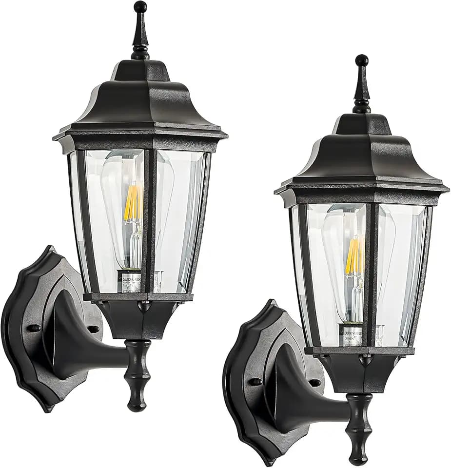 Aluminum 15 Inch Vintage Outdoor Wall Sconce, Black Outdoor Light Fixtures Wall Mount Exterior Porch Lights Clear Glass Outside Lights for Patio, Garage, Doorway 2-Pack