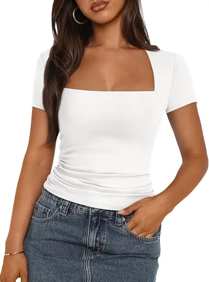Trendy Queen Womens Square Neck Double Lined Short Sleeve Tops