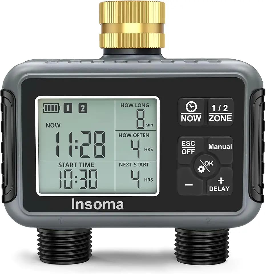 Insoma Water Timer with Brass Inlet, 2 Independent Zones Outdoor Hose Timer for Garden Faucet with Auto/Manual/Rain Delay Mode, Sprinkler Irrigation Timers for Yard Lawn