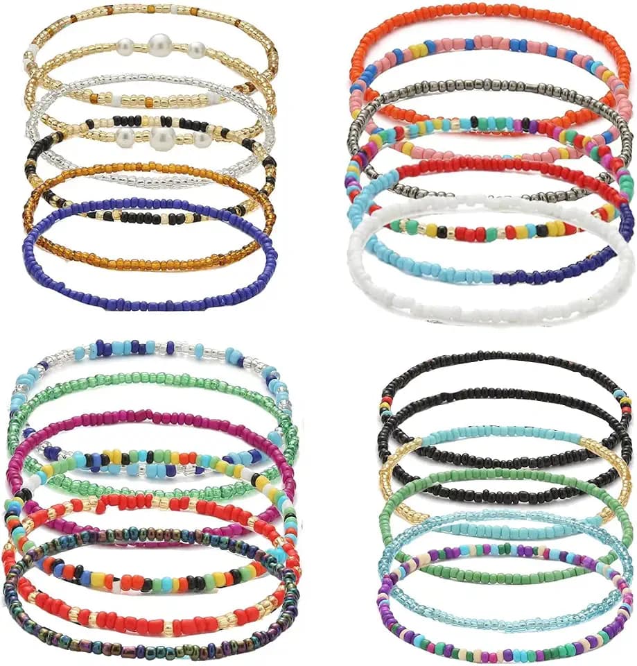 Yfstyle 24PCS Boho Beaded Anklet for Women - Colorful Elastic Ankle Bracelet - Handmade Adjustable African Beach Anklets - Boho Style for Girls