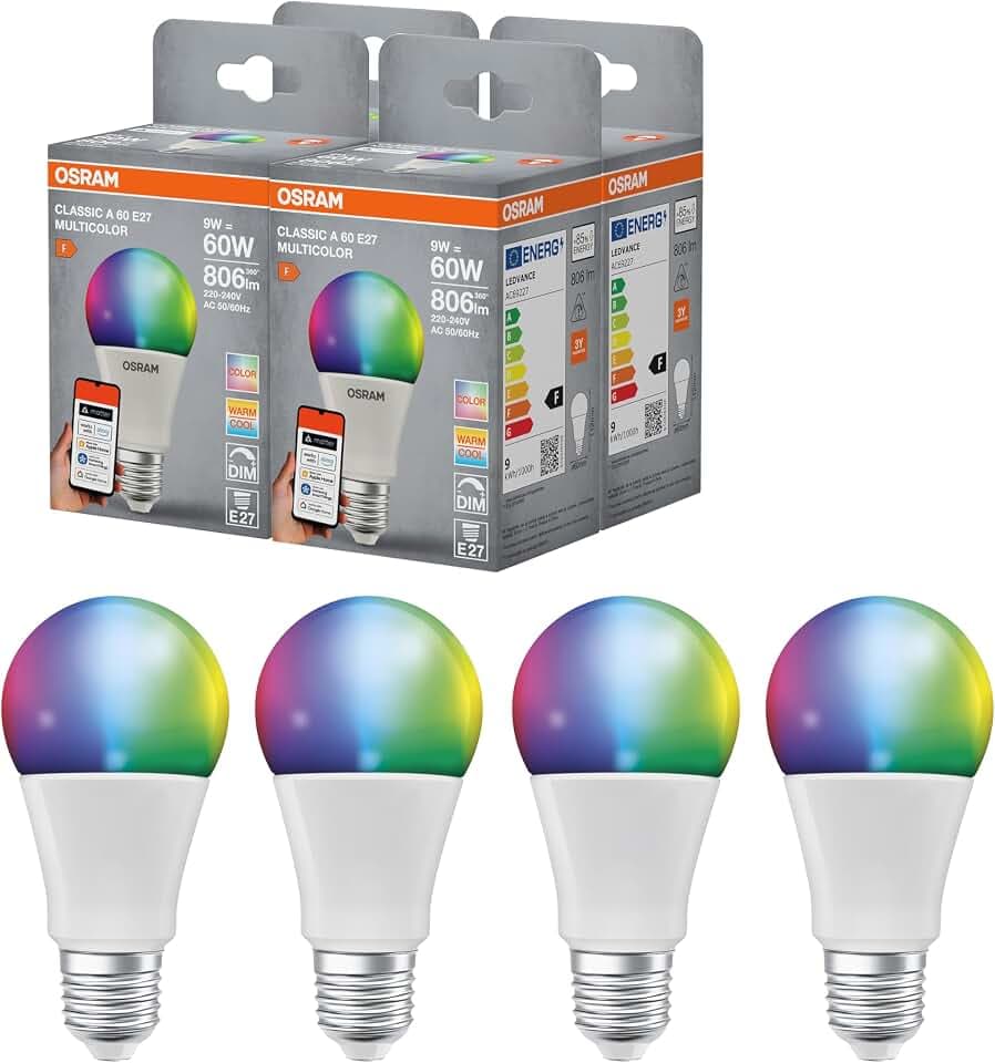Osram SMART+ RGBW, E27 LED-Lampe mit Matter over Wifi, speziell entwickelt für ALEXA - einfache Einrichtung per Klick, 60W-Ersatz, warmweiß bis kaltweiß(2700-6500K), 16 Mio RGB Farben, 4er-Pack