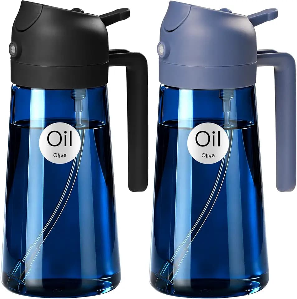 YARRAMATE 2 Stück 470ml Ölsprüher zum Kochen, 2-in-1 UV Schutz ölzerstäuber für die Küche, Dunkelblau Glasölflasche, Lebensmittelechter Sprühflasche für die BBQ(Schwarz&Marineblau)