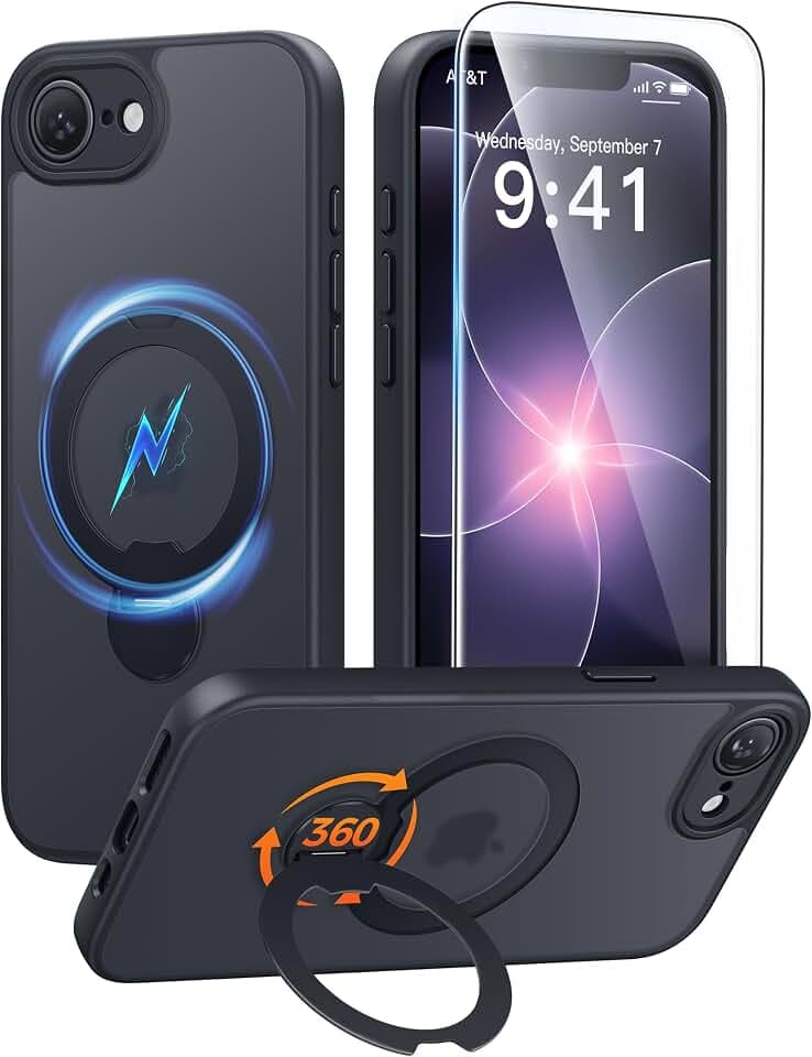 FNTCASE for iPhone 17e/16e Case with 360 Spin Magnetic Stand Black