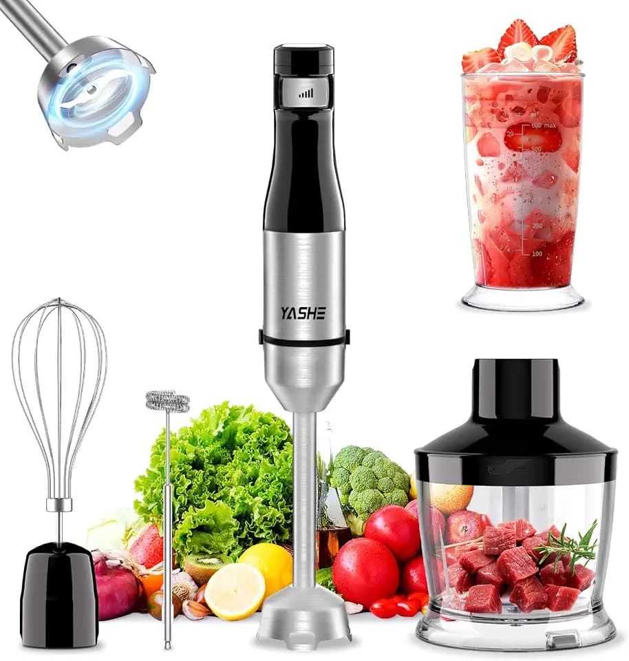 YASHE Pürierstab, 5-in-1 Stabmixer Elektrischer, 1000 W Pürierstab Edelstahl, stufenlose Geschwindigkeitsregelung, inkl. Schneebesen, Messbecher – ideal für Babynahrung, Soßen und Suppen