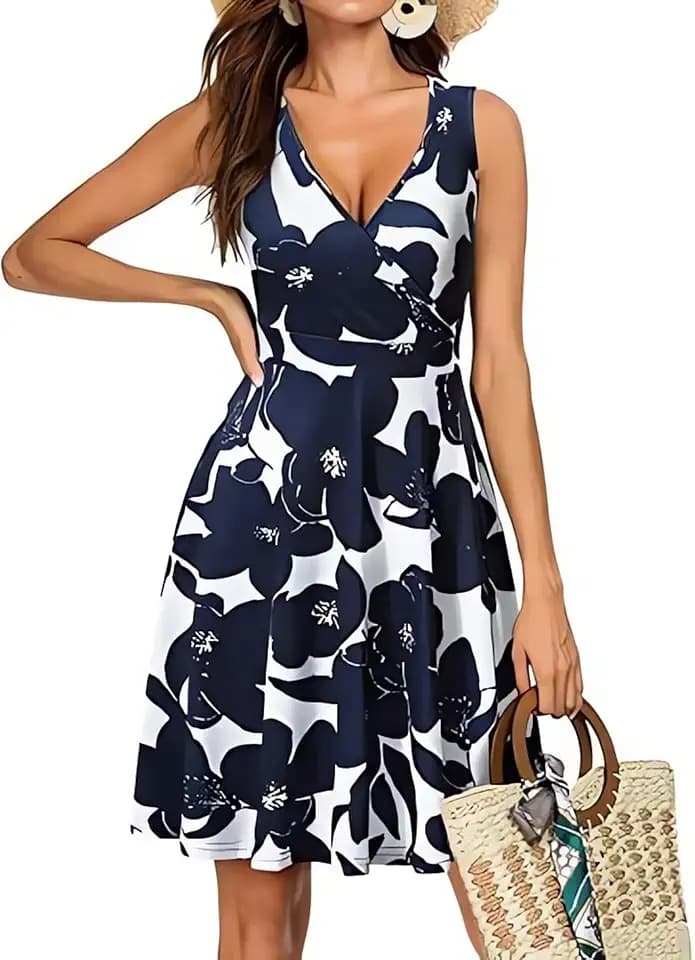 Damen-Sommerkleid, ärmellos, lässig, Strand, Swing-T-Shirt, Midi-Blumenkleider, Sommerkleid für Frauen mit Taschen