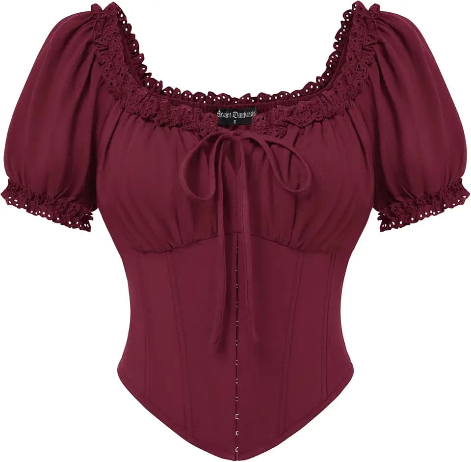 SCARLET DARKNESS Damen Korsett Oberteil Kurzarm Baumwolle Corset Top Gesmokte Taille Mittelalter Piraten Bluse
